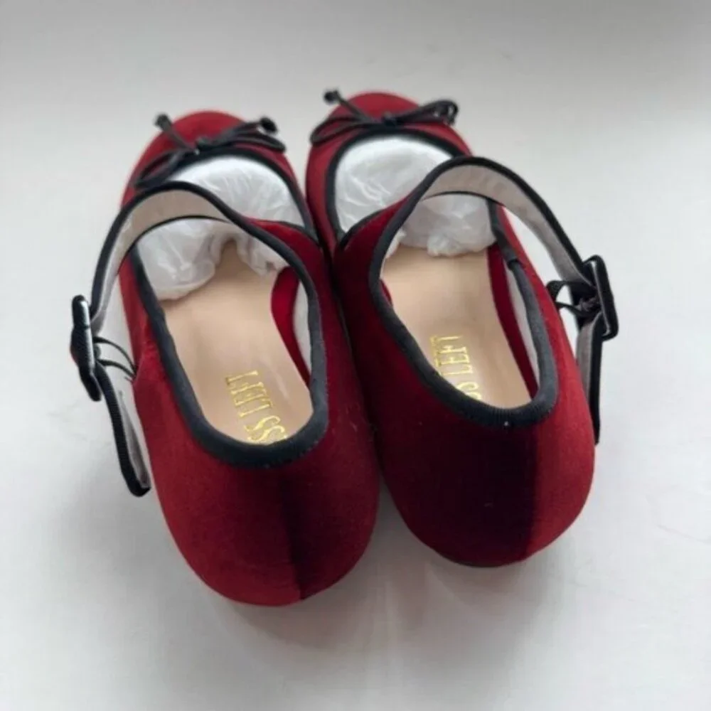 Size 7.5 Miss Left Women Bowknot Ankle Strap Classic Ballet Flats Burgundy - Picture 5 of 12